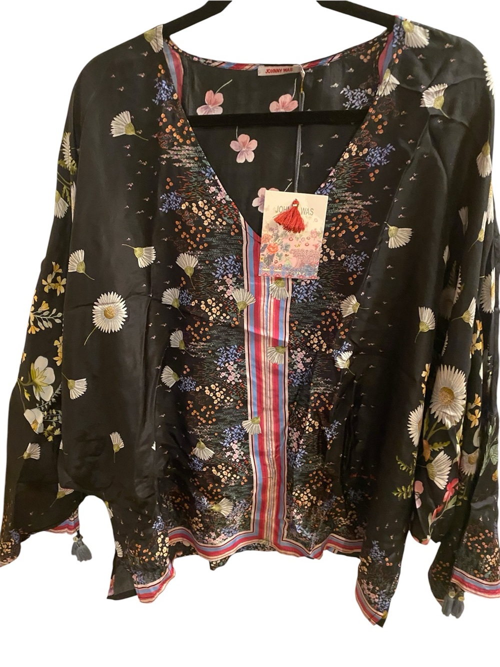 Johnny Was 
Black Floral Silk Kimono Top/Tassel Trim
Forest Blouse 
Size XL
New